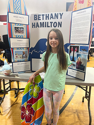 Memorial 4th Grade Wax Museum display about Bethany Hamilton