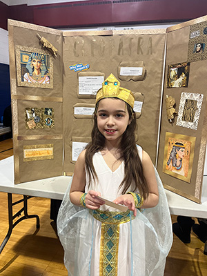 Memorial 4th Grade Wax Museum display about Cleopatra